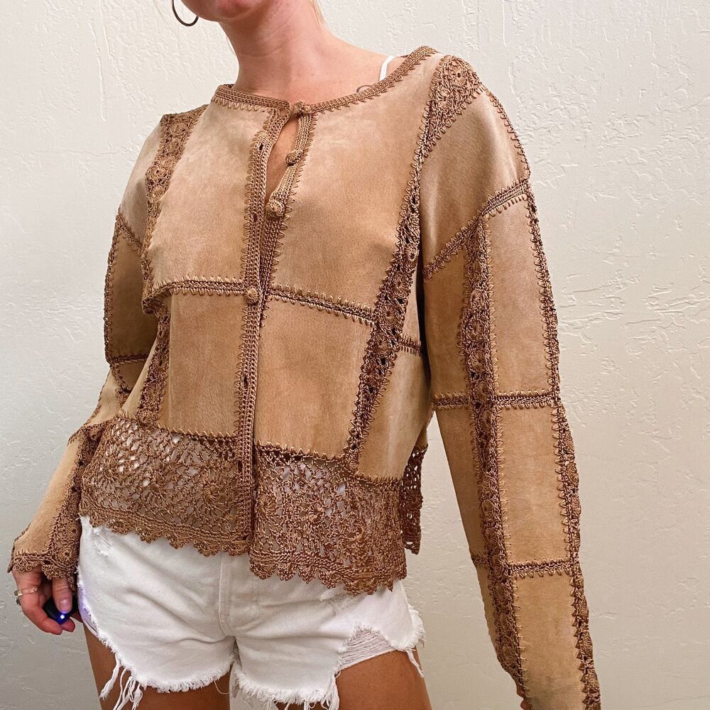 Vintage Brown Leather Crochet Patchwork Button Up Jacket